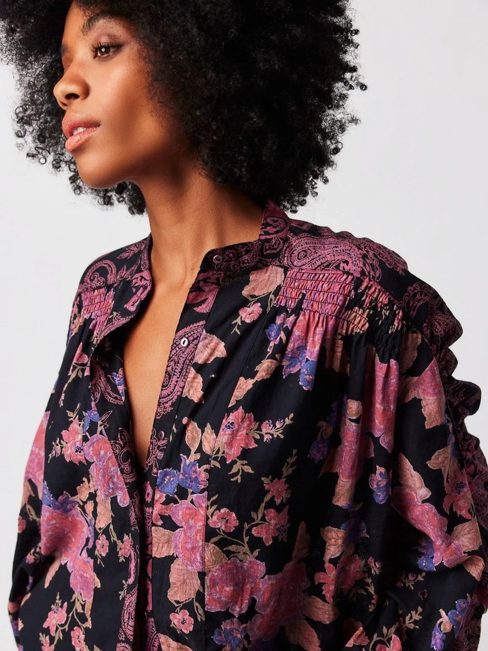 Free People Maraya Paisley Floral Blouse XL Black Multi Boho Balloon Sleeve Top